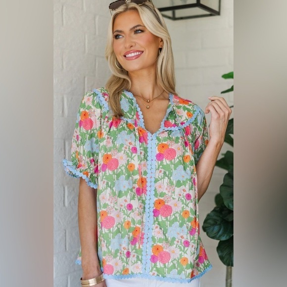 entro Tops - Entro Floral Pom Pom Trim Babydoll Blouse Top Womens 2X Multi Color Boho Split V